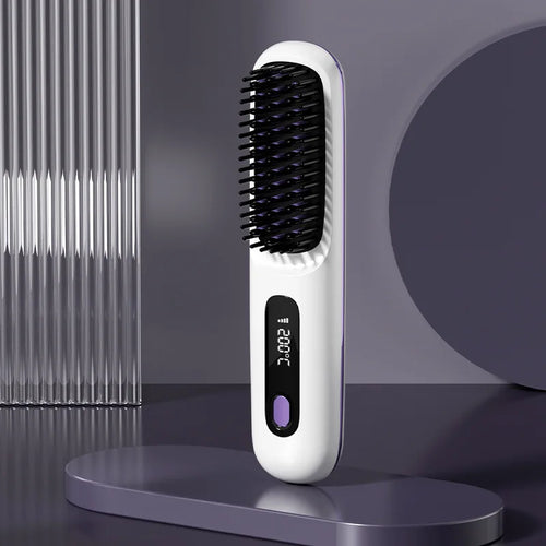 Hair Straightener Brush with LCD Display Cordless USB Charging Straightener Portable Mini Straightening Brush for Home Travel