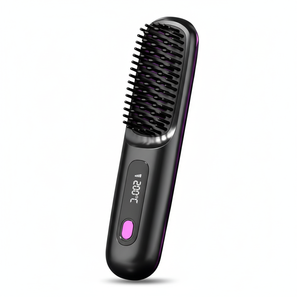 Hair Straightener Brush with LCD Display Cordless USB Charging Straightener Portable Mini Straightening Brush for Home Travel